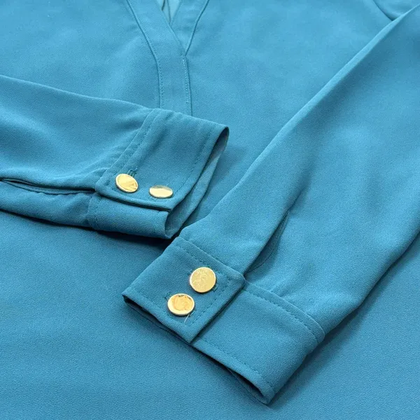 Trina Turk Blouse Women SM Teal Blue Split Neck Gold Button‎ Cuff Crepe Tunic - Image 6