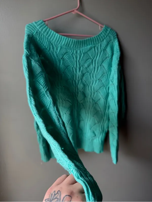 Mint Green Cable Knit V-Neck Sweater Coastal Cottagecore Soft Women’s - Image 8