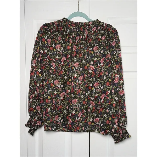 Old Navy Floral Metallic Lurex Smocked Womens Size‎ M Black Boho Peasant Top - Image 4