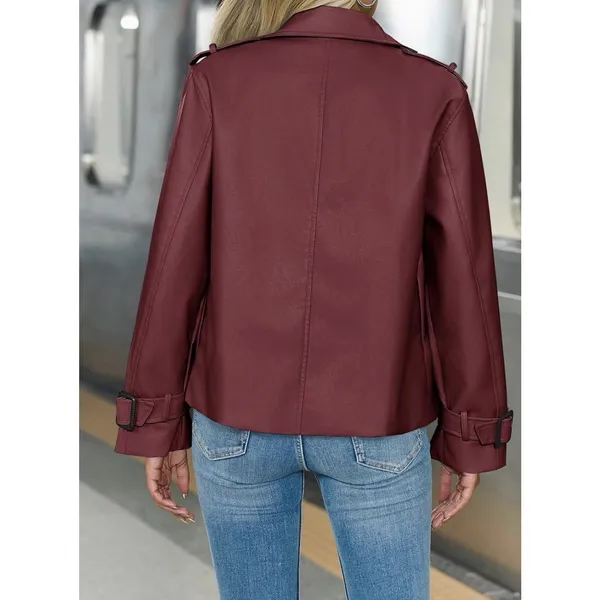 Womens Faux Leather Motorcycle Jacket Textured Oversized Moto Dark Red L - Image 2