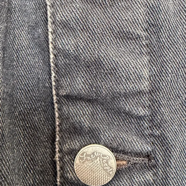 Free People distressed Black Jean Jacket with charcoal Sleeves - Image 3