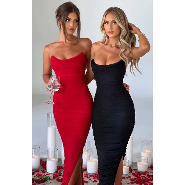 NWT Babyboo Demi Red Ruched High Side Slit Strapless Bodycon Maxi Dress Size M - Image 9
