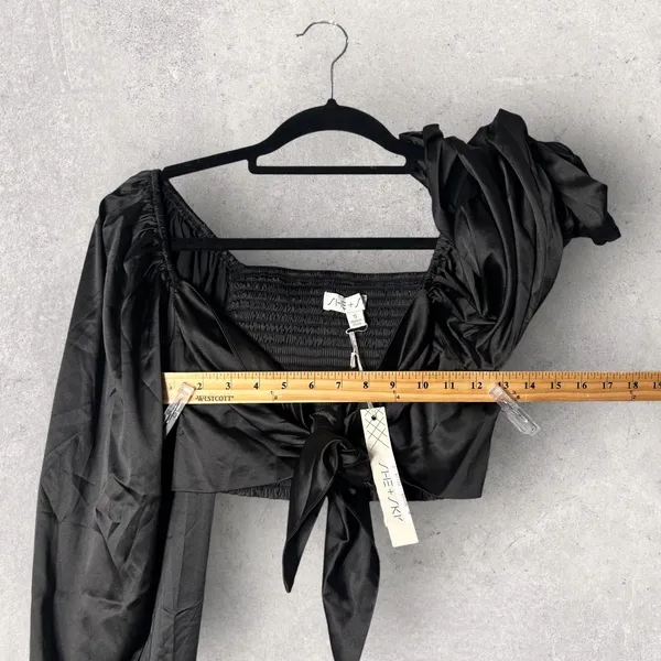 NEW She + Sky Black Crop Top‎ Tie Front Womens S Long Sleeve Blouse Dressy Party - Image 6