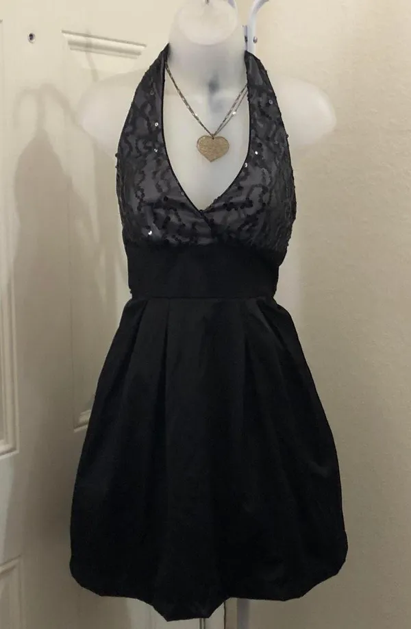 90s/2000s Y2K Vintage halter sequin lace mesh formal mini fit flare v-neck corset waist dress #gothic #whimsygoth #sleeveless #strapless #prom Made in USA - Image 6