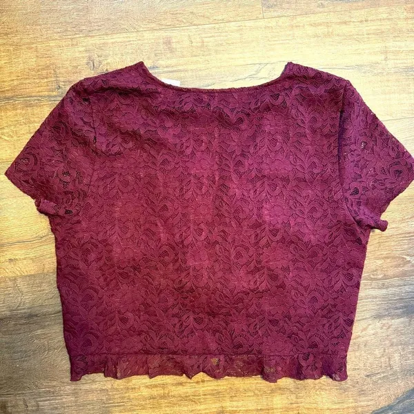 American Eagle Outfitters Maroon Lace Ruched Tie Front Ruffled Hem Crop Top - Image 2