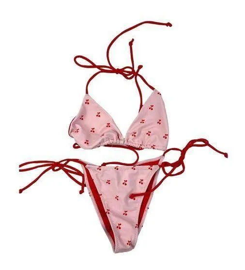 Baddest - Triangle Halter Neck Bikini Top & Side Tie Bottoms in Pink & Red - Image 2