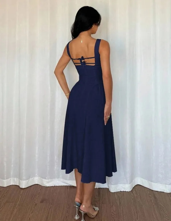Navy Blue Square Neck Halter Cross-Back Dress - Image 4