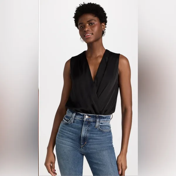 🍁 Bradamant Black Silk Wrap Sleeveless Bodysuit, Size XL - Image 14