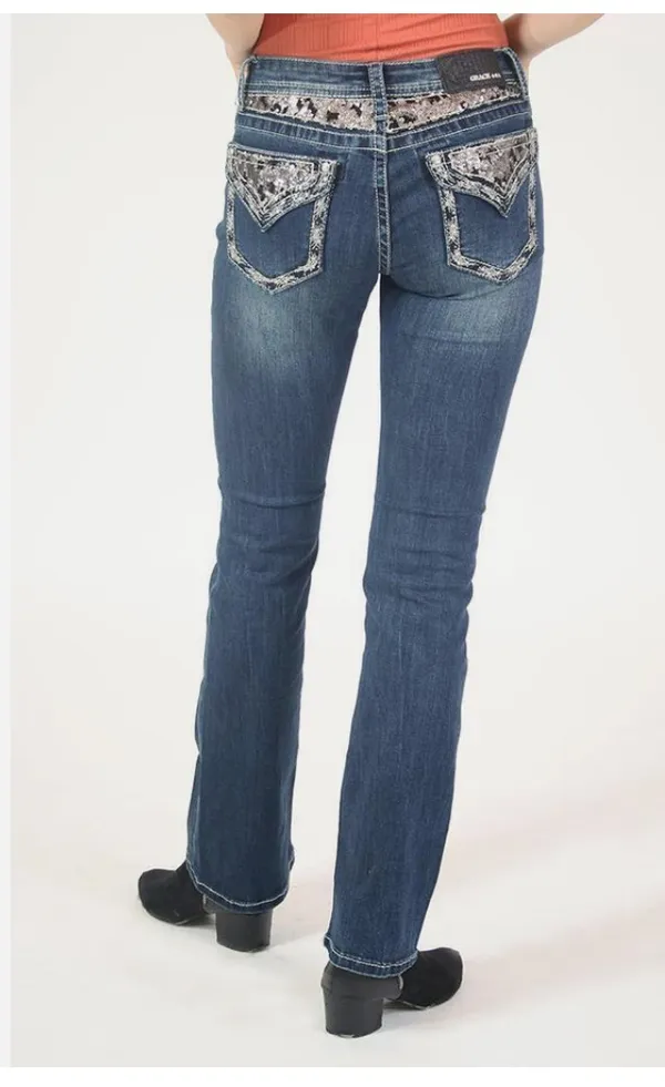 Women's Sequin Embellished Pockets Low Rise Bootcut Stretch Jeans - Image 4