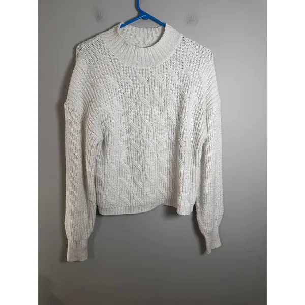 J.Crew‎ Womens Ivory Cotton Blend Cable Knit Mockneck Sweater Classic Fit Size M - Image 2