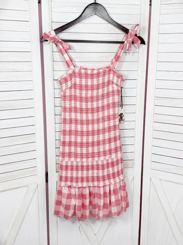 Sincerely Jules Gingham‎ Check Smocked Ruffle Mini Dress Red White Medium Preppy - Image 8
