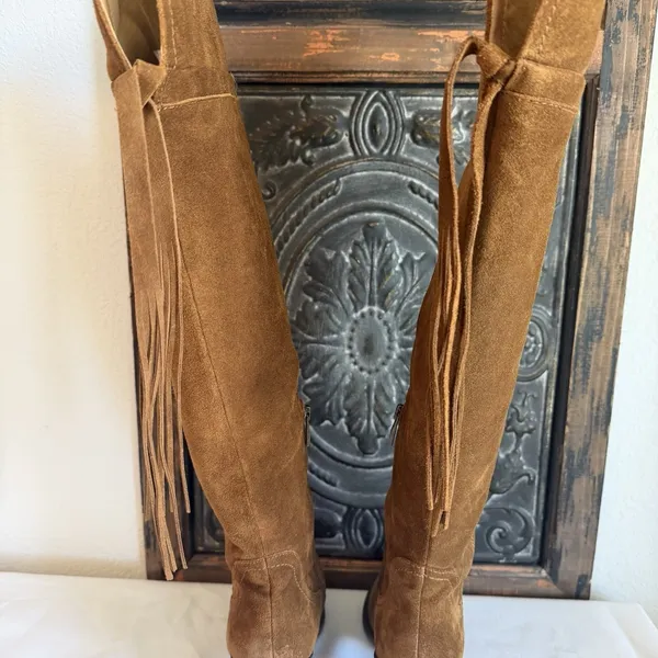 Franco Sarto Elnora Tall Suede Over The Knee Boots Brown Boho Fringe Tassel Sz 9 - Image 6