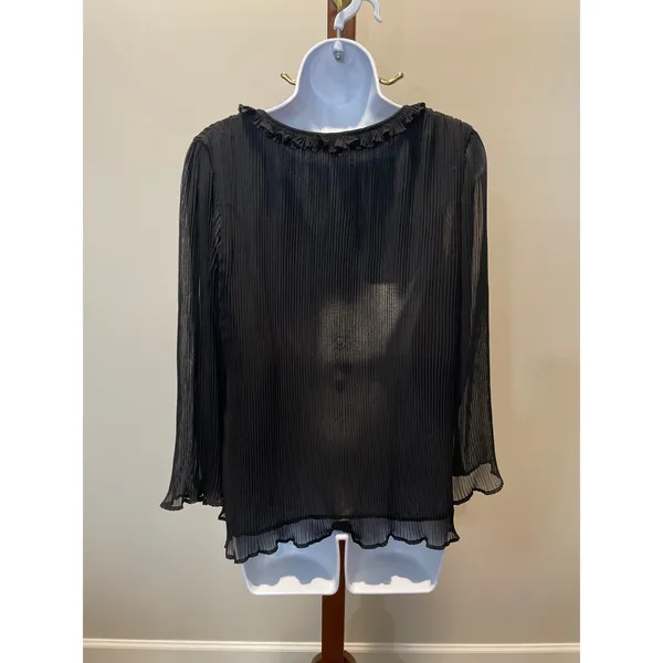Loft Black Pleated Chiffon Long Sleeve Sheer Sleeve Ruffle Neck Blouse Size M - Image 3