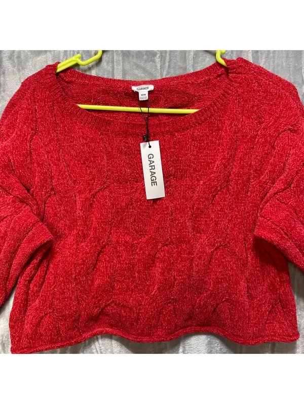 Garage Women's NWT Cropped Cable Knit Chenille Sweater Chili Pepper Medium - Image 3