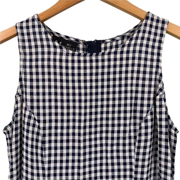 Vintage Y2K My Michelle Navy and White Gingham Rayon Lace-Up Back Dress Size 7/8 - Image 2