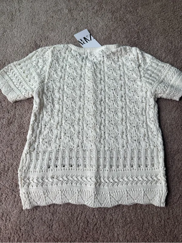 ZARA White Crochet Knit Button Up Short Sleeve Sweater Small - Image 2