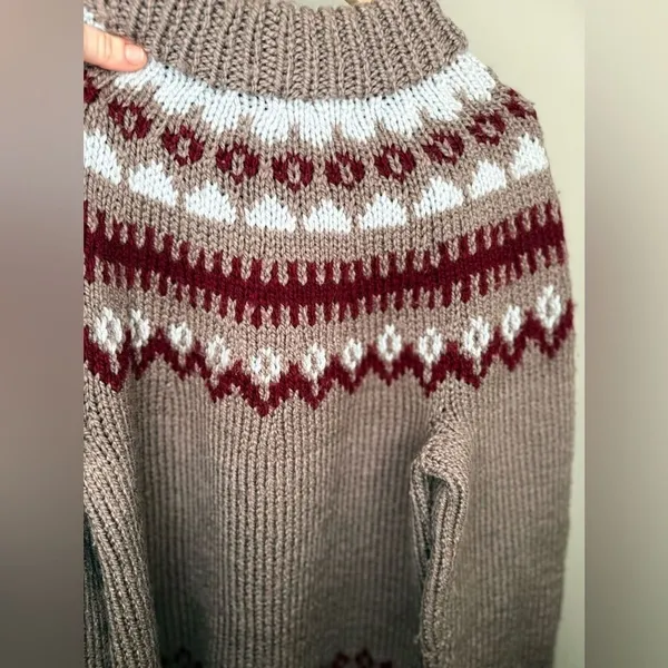 Handknit Sweater Taupe Maroon Cream nordic fair isle handknit Mockneck Knit - Image 2