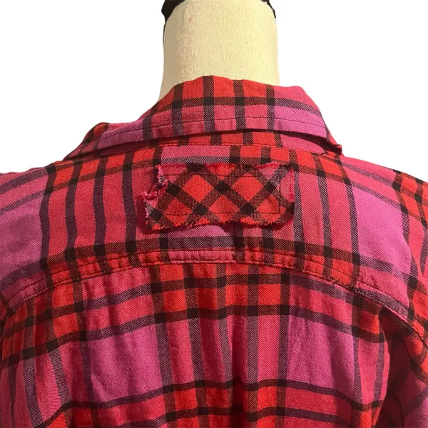 Free People Women's Pink Red Plaid Wool Blend Pacific Dawn Shirt Sz L Flannel - Image 5
