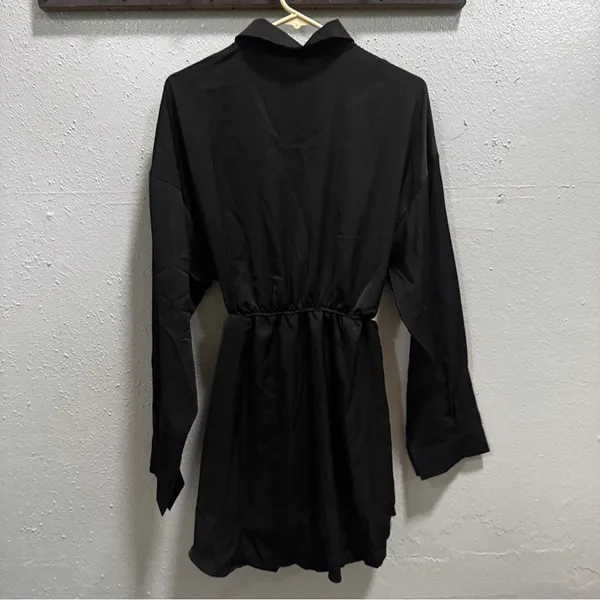 Womens‎ Black Long Sleeve Button Down Shirt Dress Elastic Waist Tie Belt XL - Image 4