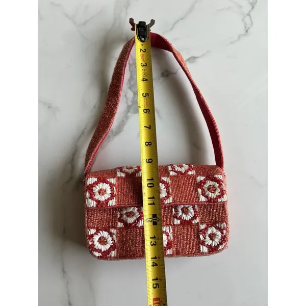 Anthropologie Fiona Beaded Shoulder Bag Red White Checkerboard Floral Flap Purse - Image 4