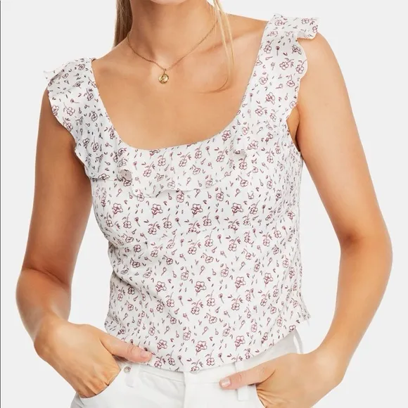 Free People Floral Smocked Ruffle Trim Tank Top Womens Medium WhiteCombo Cottage - Image 4