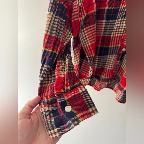 Aerie Red‎ Plaid Flannel Cotton Cozy Long Sleeve Pajama Lounge Button Down Top - Image 5