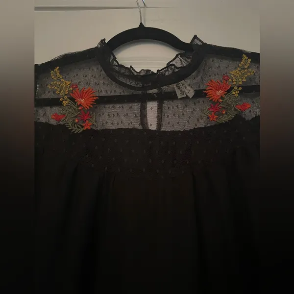 Black off the shoulder top with sheer mesh sleeves and embroidered flowers - Image 3