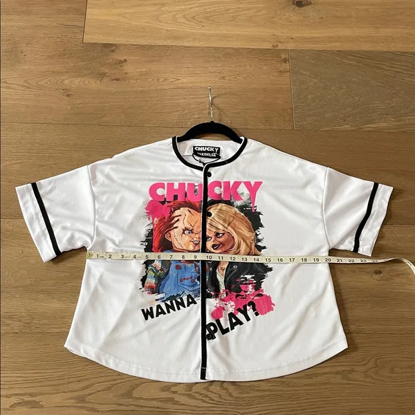Universal Studios Chucky and Tiffany “Wanna Play?” Crop Baseball Jersey Medium - Image 9