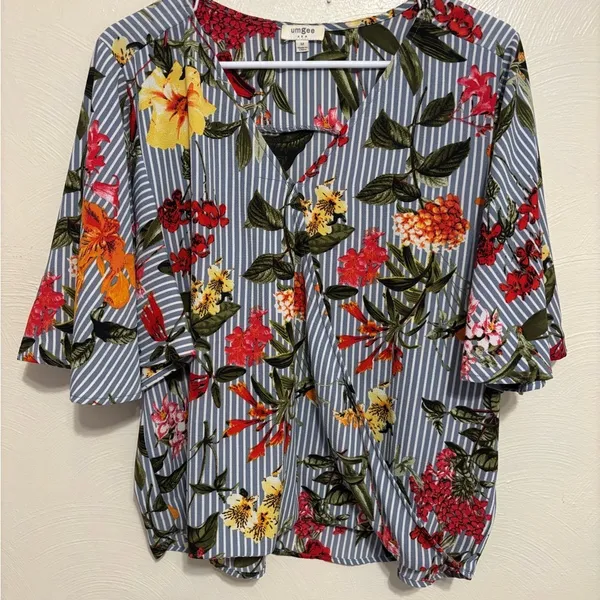 Umgee Blue Striped Floral V-Neck Blouse with Multicolor Blooms - Image 2