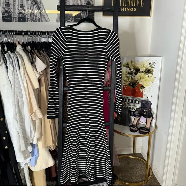 Club Monaco Black And White Striped Ribbed Midi Sweater Dress With Bell Sleeves - Image 11