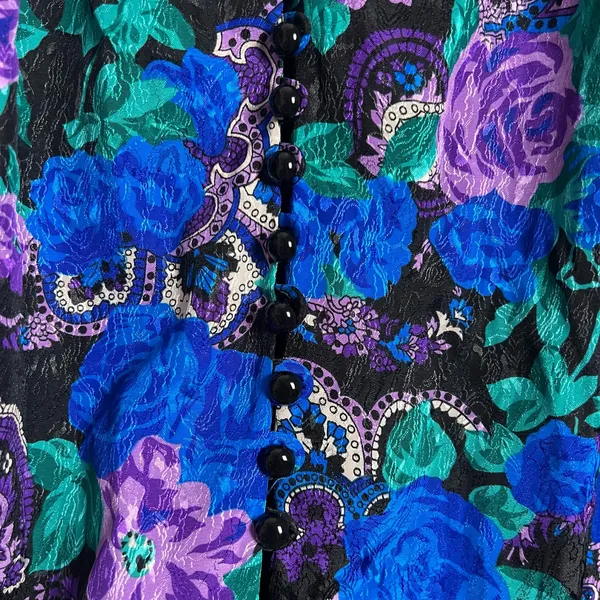 Vintage Wilroy Rare Purple Blue Floral Paisley Satin Long Sleeve Blouse Size 10 - Image 9