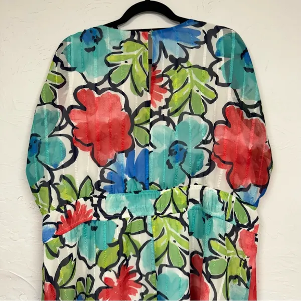 Maggy London Blue Red Floral Print Maxi Dress Womens 18W Boho Casual Eyelet - Image 4