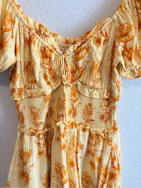 Sabo Skirt Milota Dress Size M Yellow Floral Puff Sleeves Mini Boho Summer - Image 8