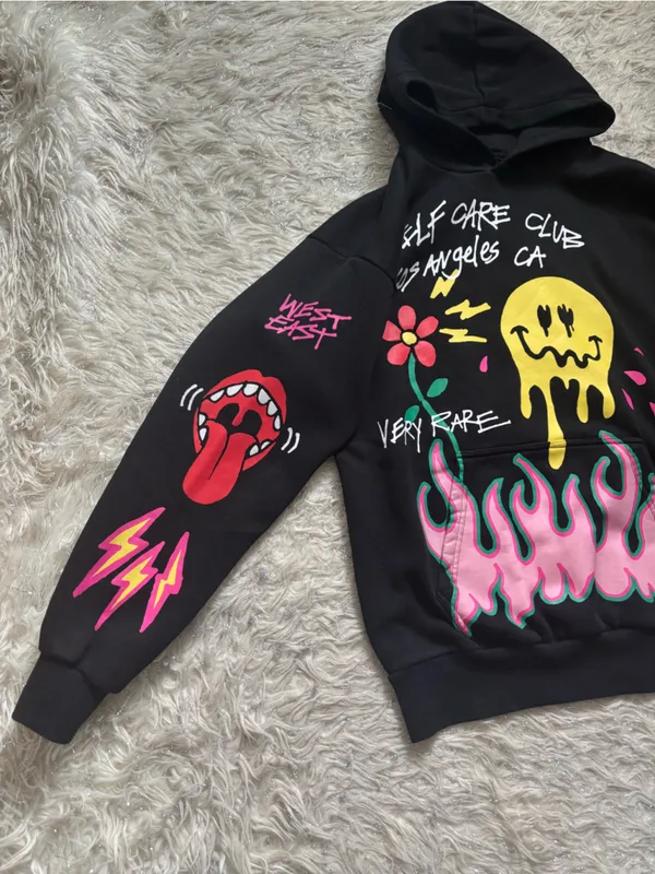 PacSun Black with Yellow, Pink & Green Graphic Unisex Pullover Hoodie Size S - Image 7