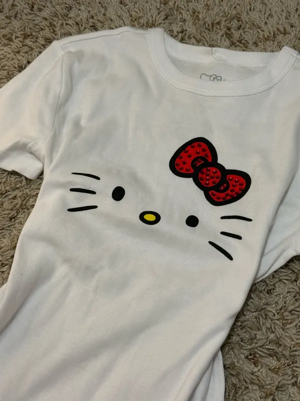 Hello Kitty Sanrio Rhinestone Bow White Baby Tee – Size S - Image 2