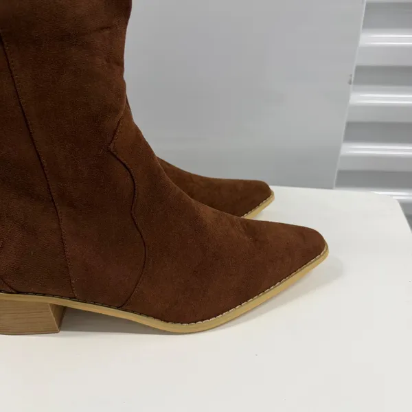 Brown Faux Suede Western Cowboy Boots Pointed Toe Side Zip Block Heel Size 44-12 - Image 8