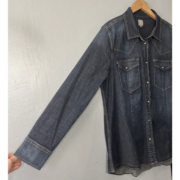Jag Pearl Snap Western Denim Shirt Size XL Dark Blue Jean Fitted Cowgirl Chic - Image 2