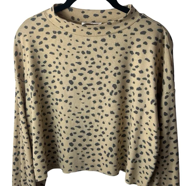 Beach Riot Ava Cropped Sweatshirt Taupe Spot Ribbed Long Sleeve Coastal Chic M - Image 3