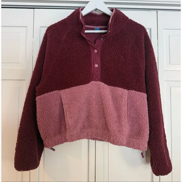 Old Navy burgundy colorblock fleece quarter snap sweater size M - Image 2