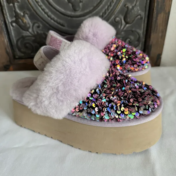 UGG Funkette Stellar Sequin Shearling Purple Platform Slipper Slide‎ Sandal Sz 6 - Image 2