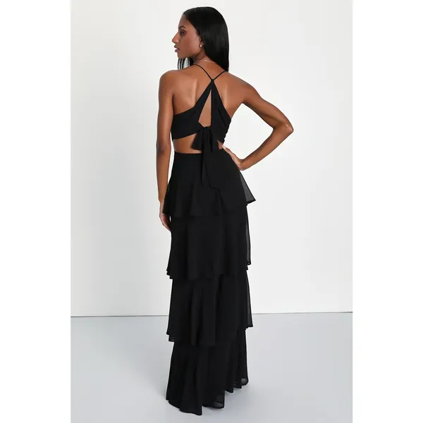 NWT Lulus Tier and Now Black Tie-Back Tiered Maxi Dress Wedding Prom Bride XXS - Image 4