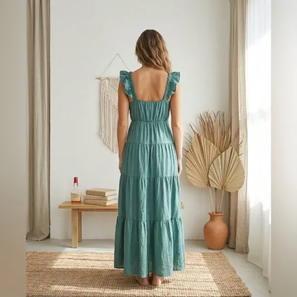 Davi & Dani Boho Minimalist Tiered Maxi Dress Teal Blue Flutter Sleeve Large - Image 3