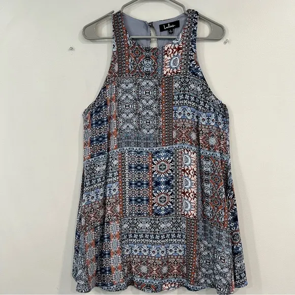 Lulus Design‎ Major Grey Blue Floral Boho Print Sleeveless Swing Dress LARGE - Image 5