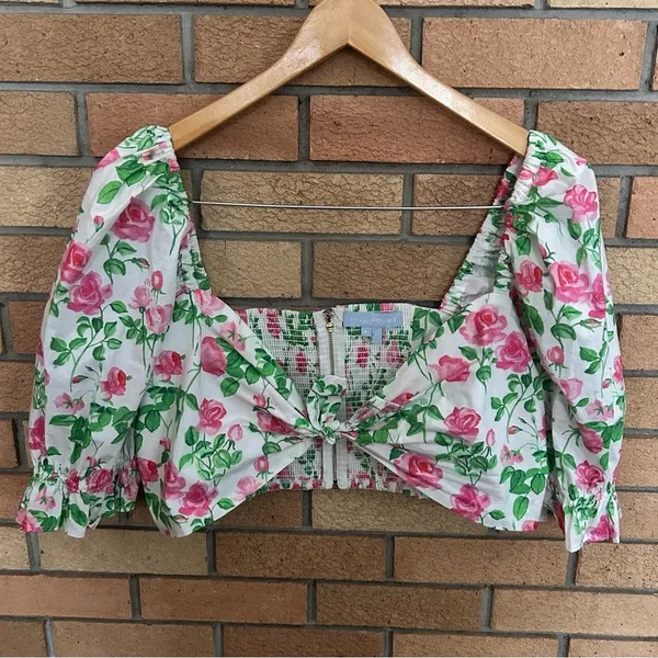 Hill House The Isabella Top Puff Sleeve Tie Front Cropped Pink Roses Size XL - Image 4