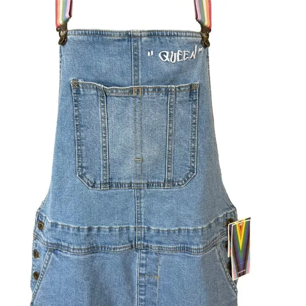Target PRIDE SHORTALLS | Take PRIDE Queen Rainbow Patchwork Denim Unisex Shortalls - Image 3