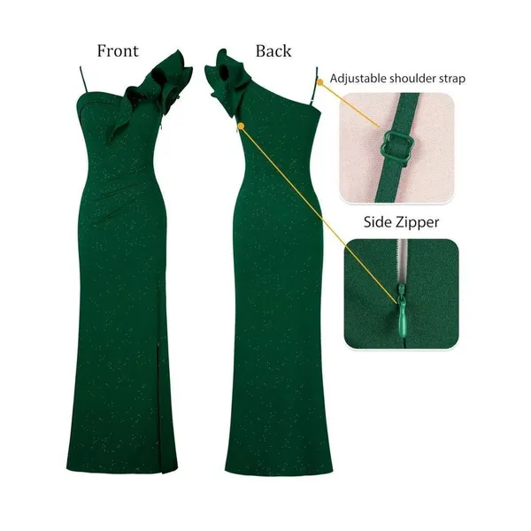 NEW Ruffle 1 Shoulder Strap Ruched Formal Prom Maxi Dress Split Gown S - Image 3