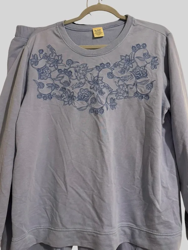 Blair Light Gray Pajama Set with Navy Floral Embroidery - Image 2