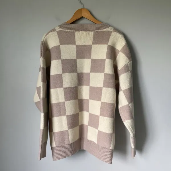 Bohme Boutique Knit Boho Sweater Crewneck Checkered Pattern Brown Cream Size Med - Image 2