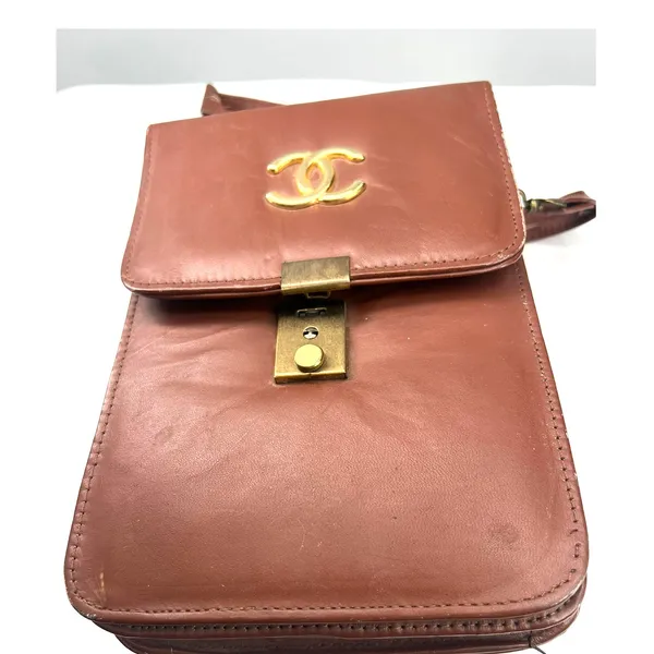 CC Designer LOGO Vintage 70's cognac faux leather crossbody bag Purse Luxury - Image 4