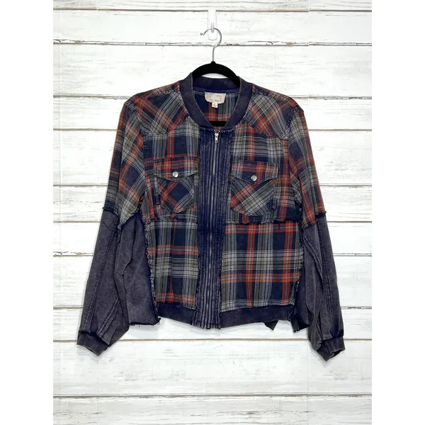 Oli & Hali Plaid Blue Bomber Jacket Small Full Zip Mixed Media Shacket - Image 2